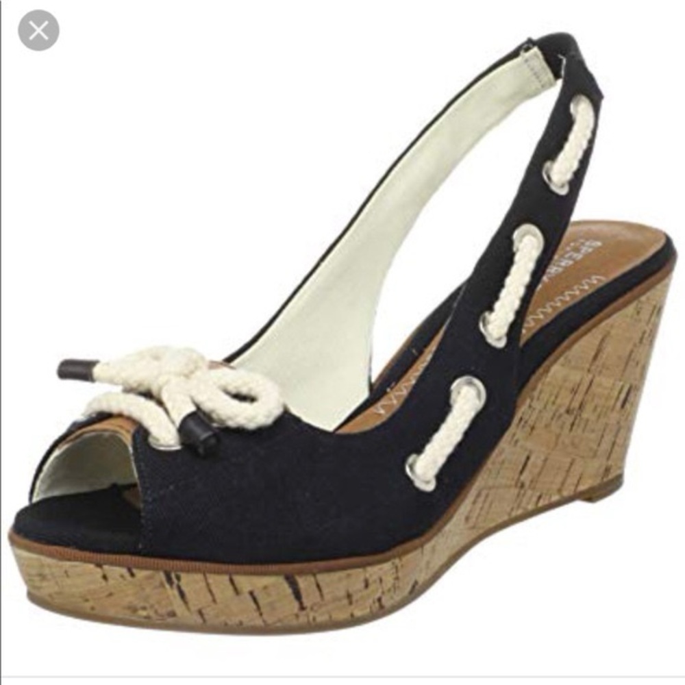 Sperry Top Sider Southport Cork Wedges - Nautical Bow Slingback in Black & White